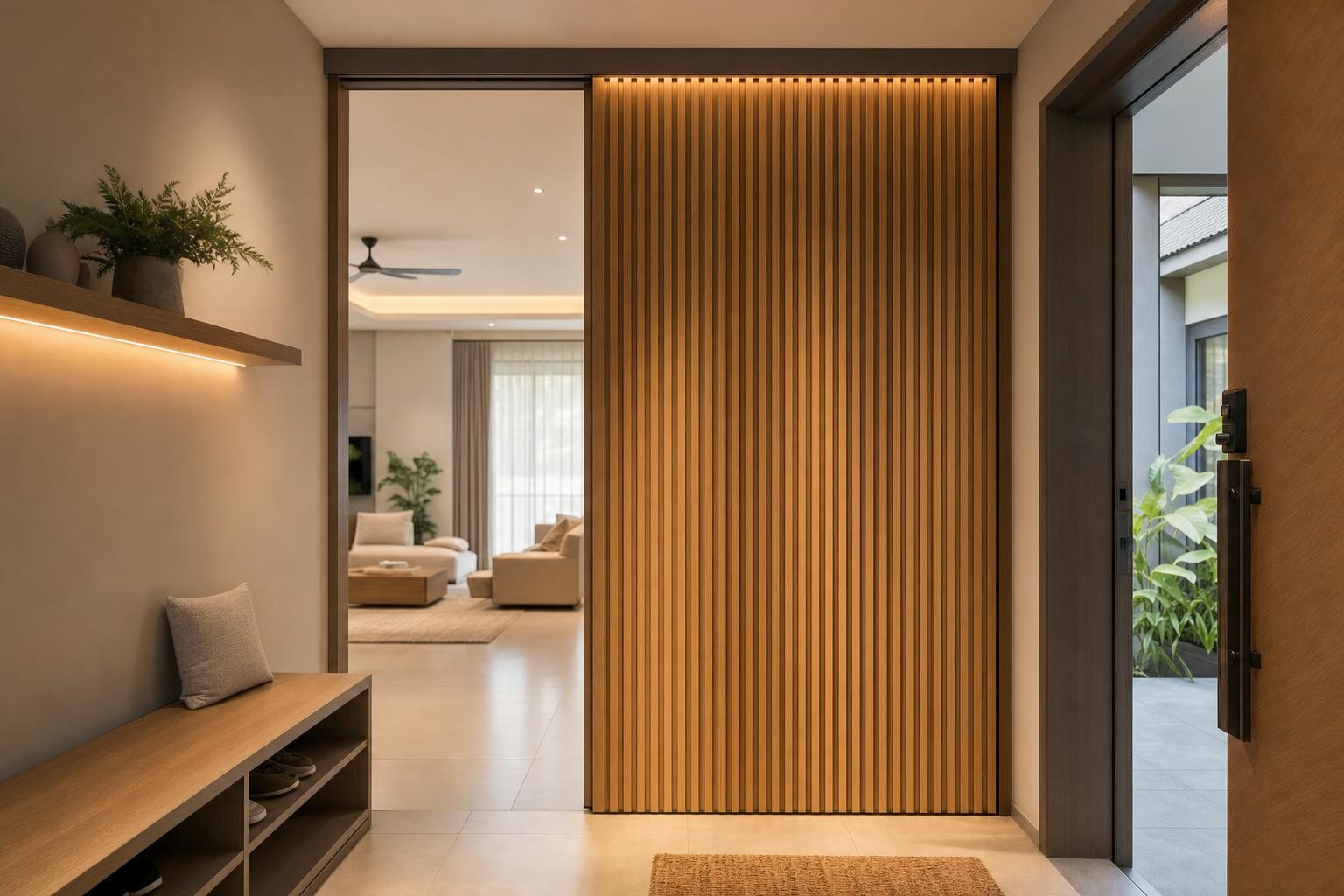 Slatted timber / mesh screen · sliding timber-batten door panel, no glazing