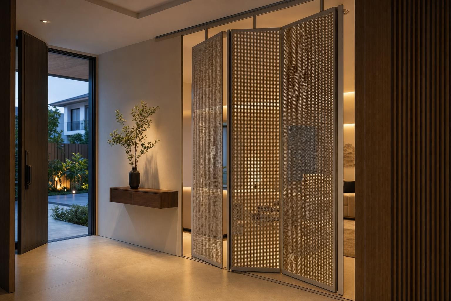 Slatted timber / mesh screen · bi-fold perforated metal mesh screen, no glazing