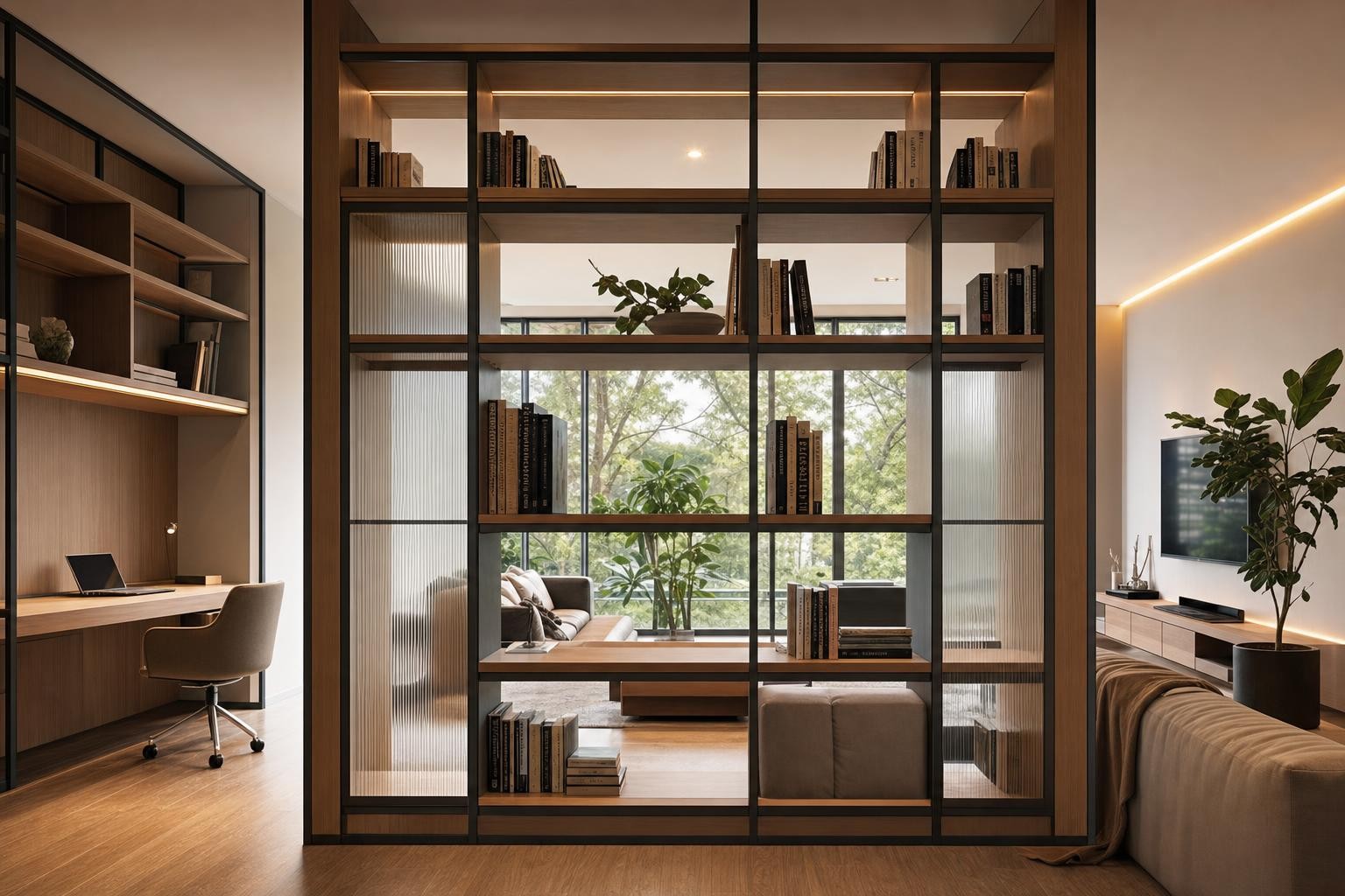 Slatted timber / mesh screen · open timber shelving room divider