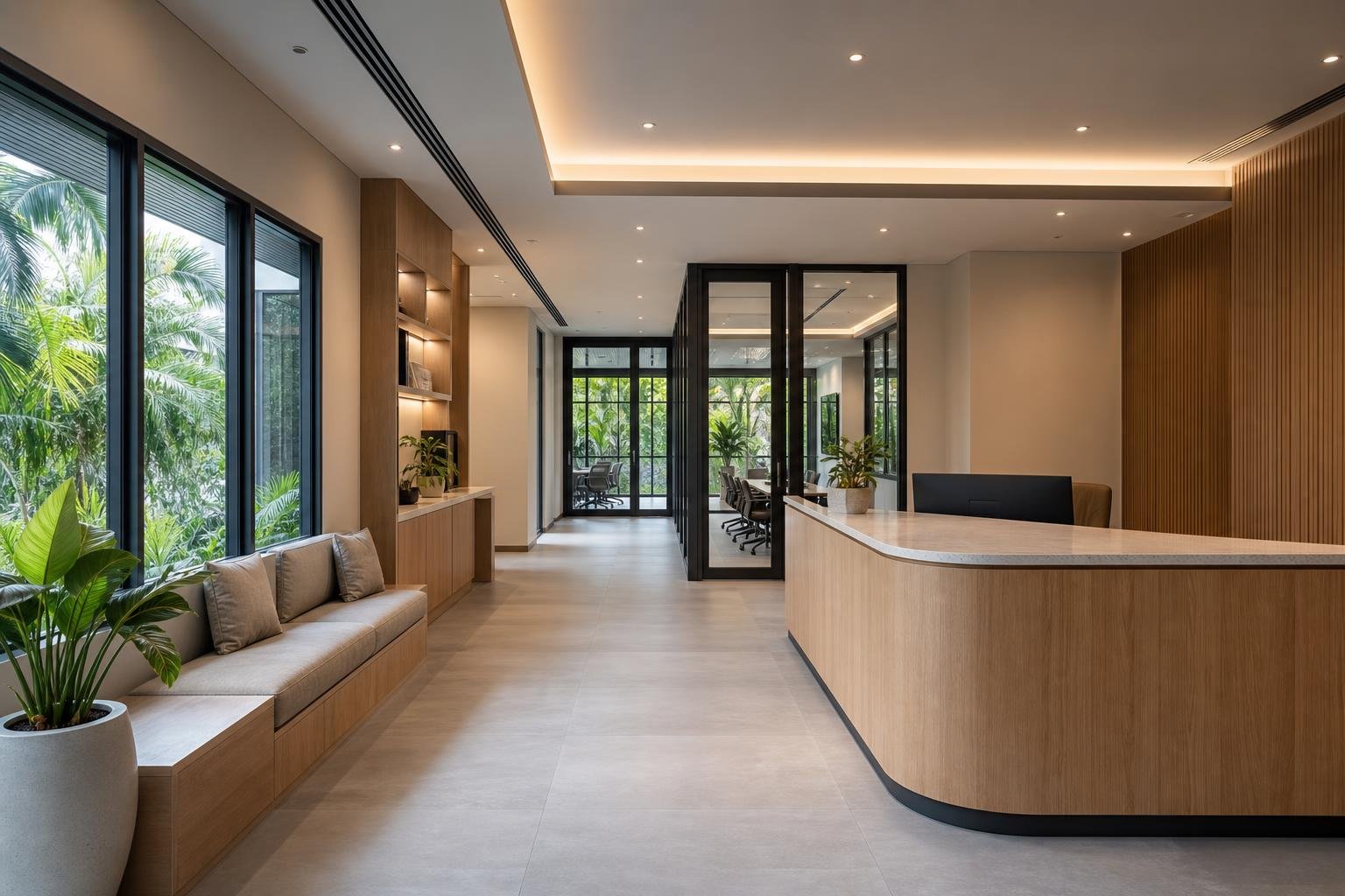Office reception with curved timber counter, built-in window bench seating and lit display shelving