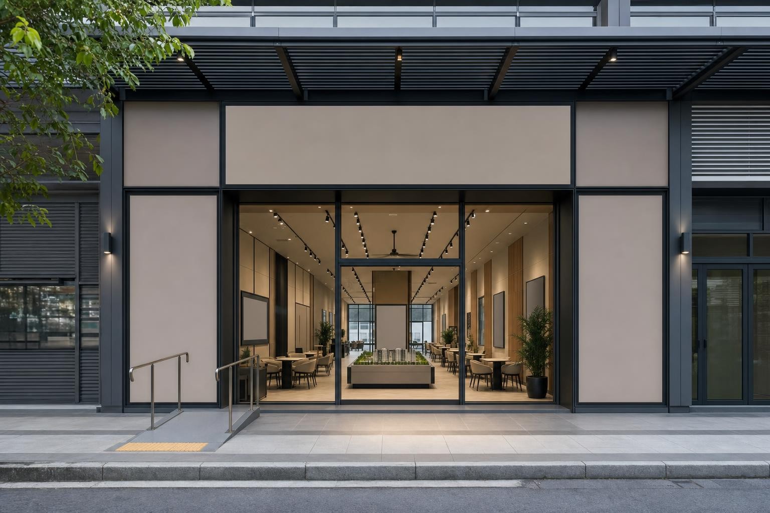 property sales gallery arrival and building exterior — concept study