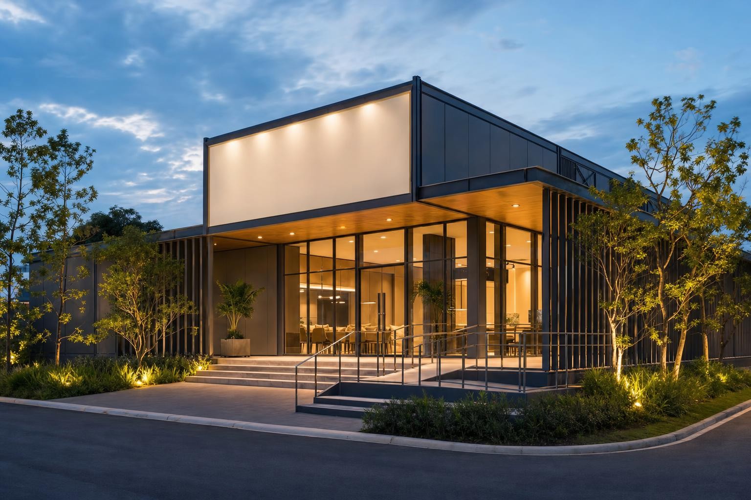 property sales gallery arrival and building exterior — concept study