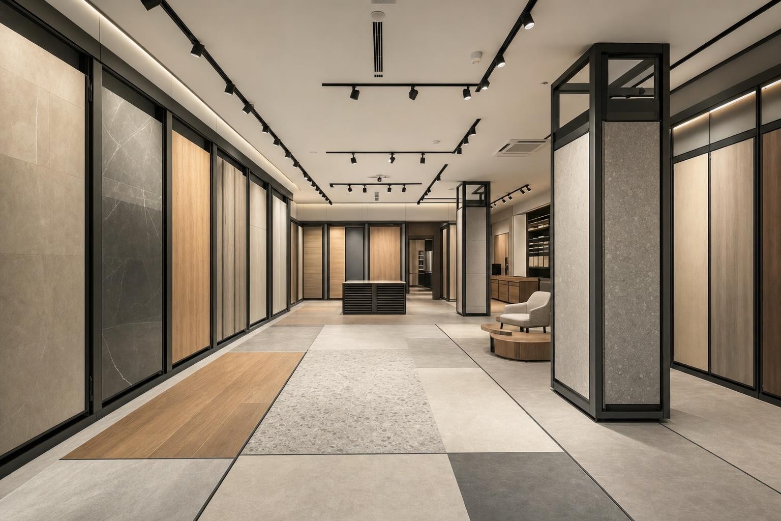 property sales gallery materials and finishes display — concept study