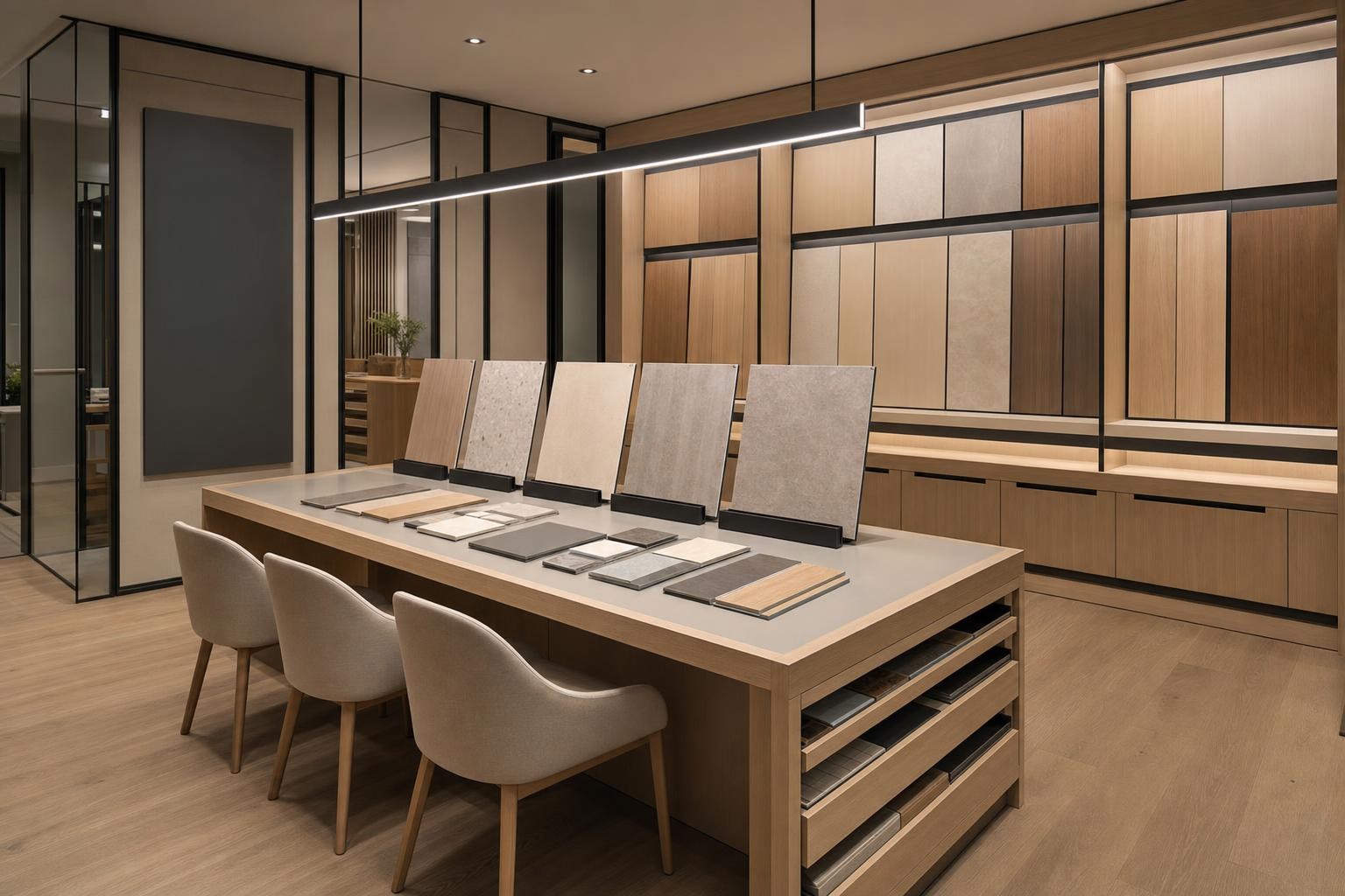 property sales gallery materials and finishes display — concept study