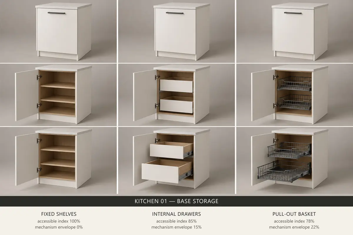 Base storage — Fixed shelves, Internal drawers, Pull-out basket, each shown closed, open and in operation