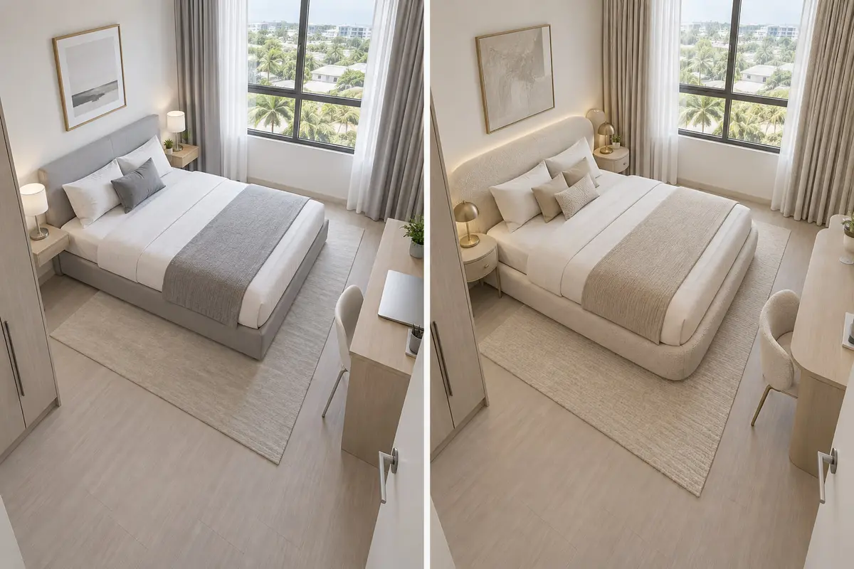 Bedroom in the Light palette — Essential on the left, Plus / Signature on the right