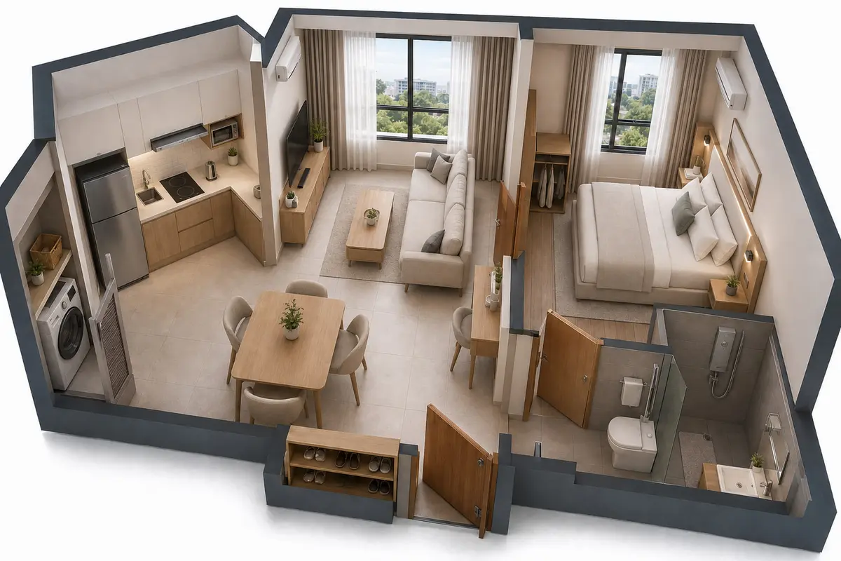 1-Bedroom whole-unit cutaway — Plus tier