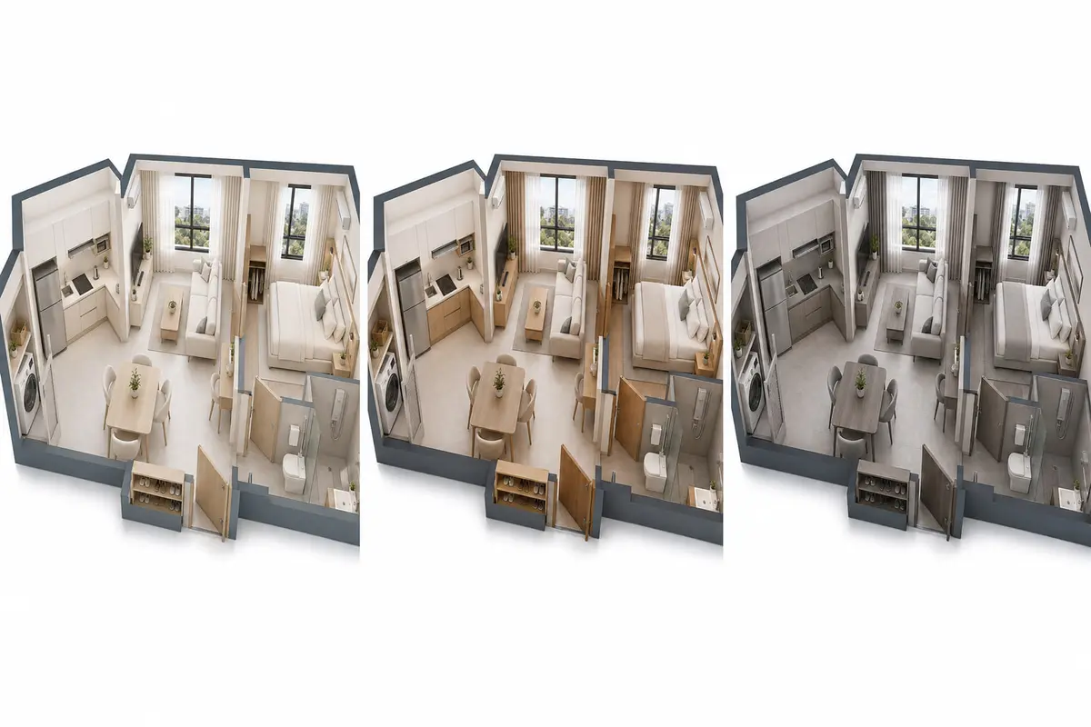 1-Bedroom whole-unit cutaway — Light / Warm / Urban palette comparison