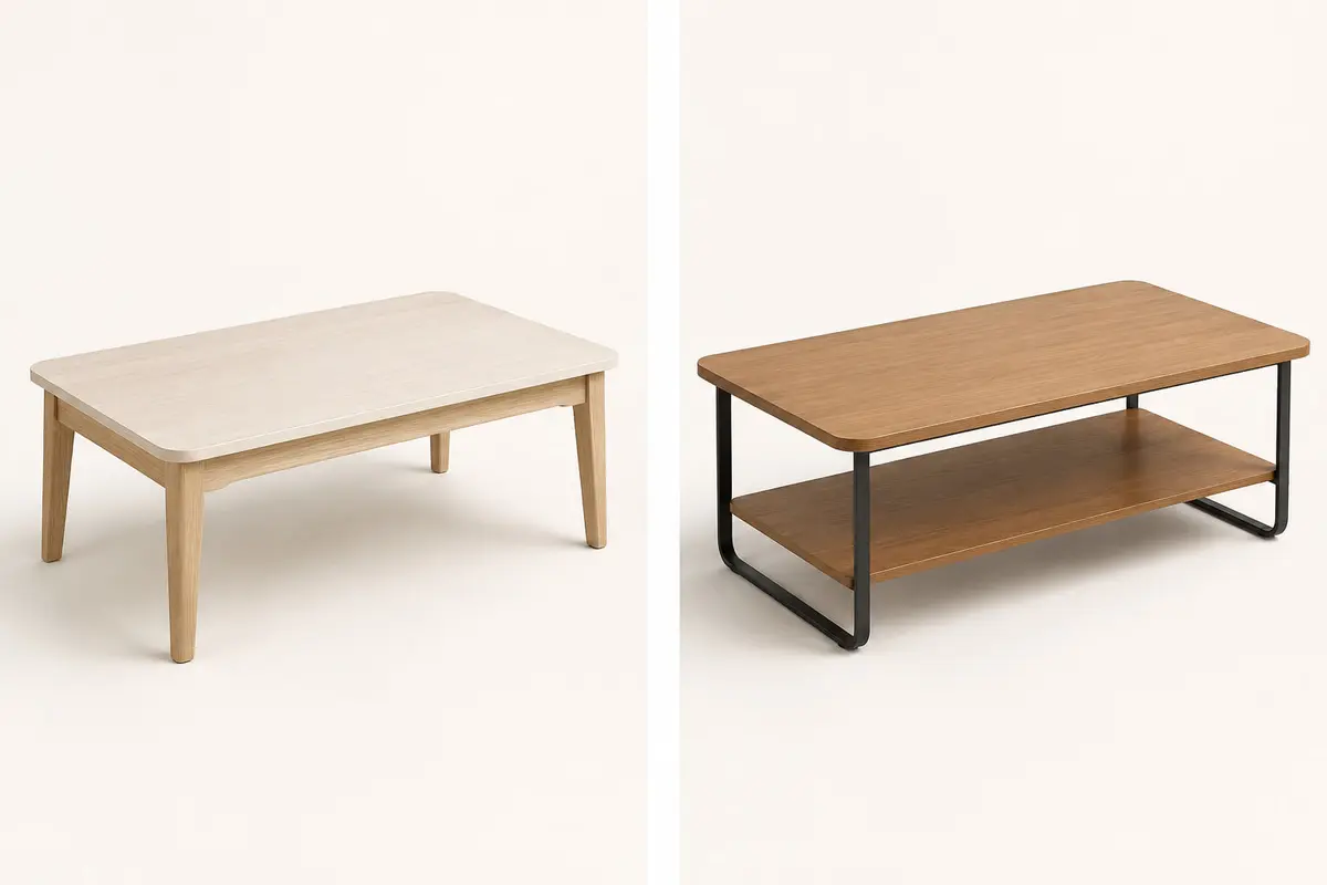 Coffee table — Compact light-ash rectangular top on a simple four-leg frame on the left, Wider warm-oak top on a charcoal sled base, with a usable lower shelf on the right