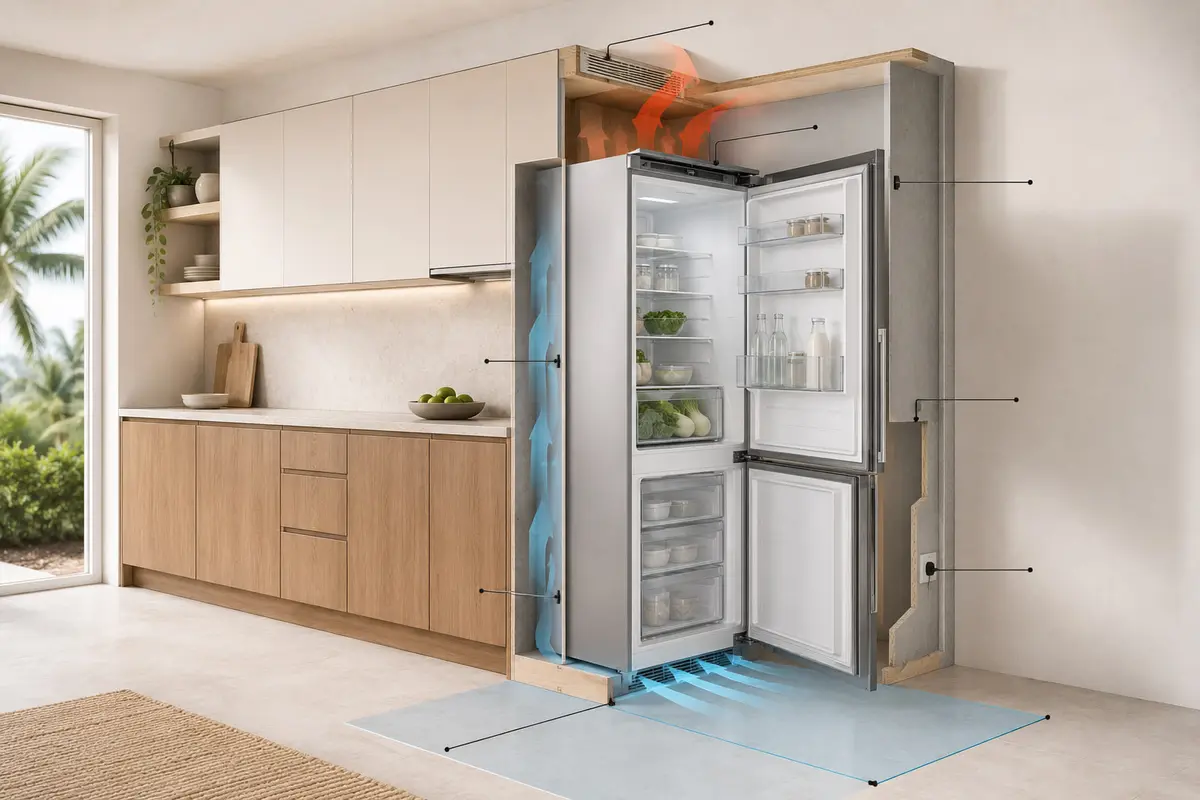 Refrigerator ventilation and cabinet clearances — Air intake and exhaust, door opening and pull-out service access.