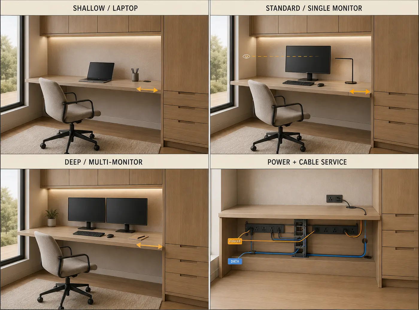 Desk depth, monitor position, power and cables — options compared side by side