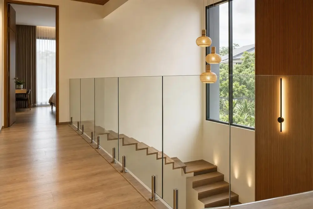 Glass balustrades & screens design concept — Warm Wood Modern style