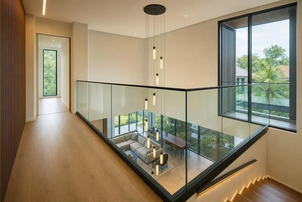 Glass balustrades & screens design concept — Warm Wood Modern style