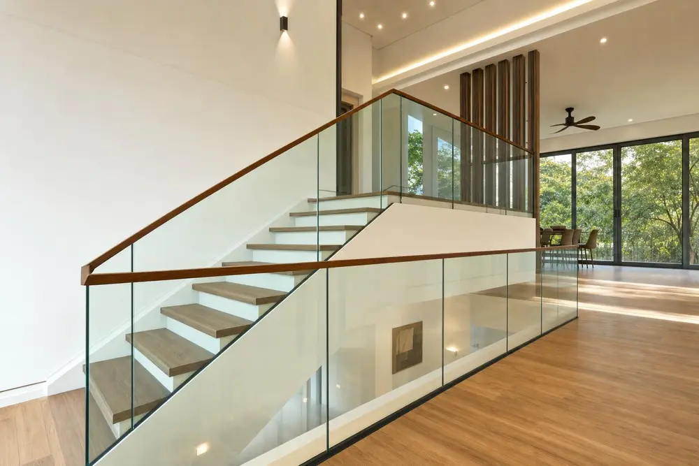 Glass balustrades & screens design concept — Warm Wood Modern style