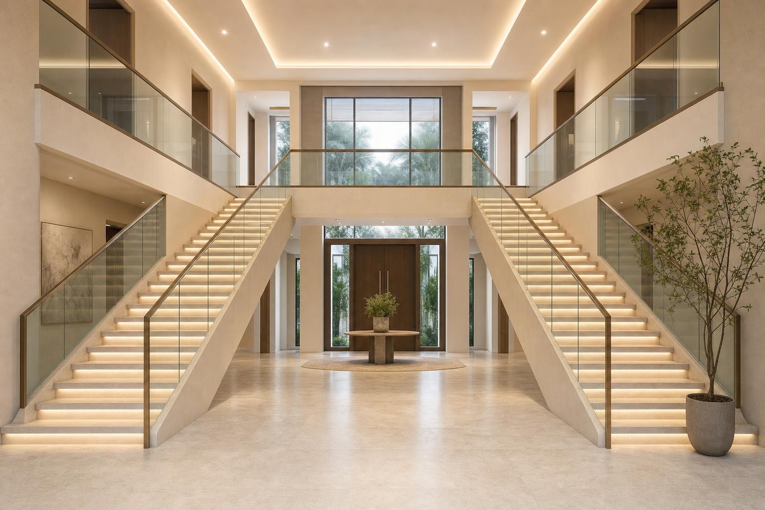 Cream Luxury · Staircase · grand double staircase, double-height foyer