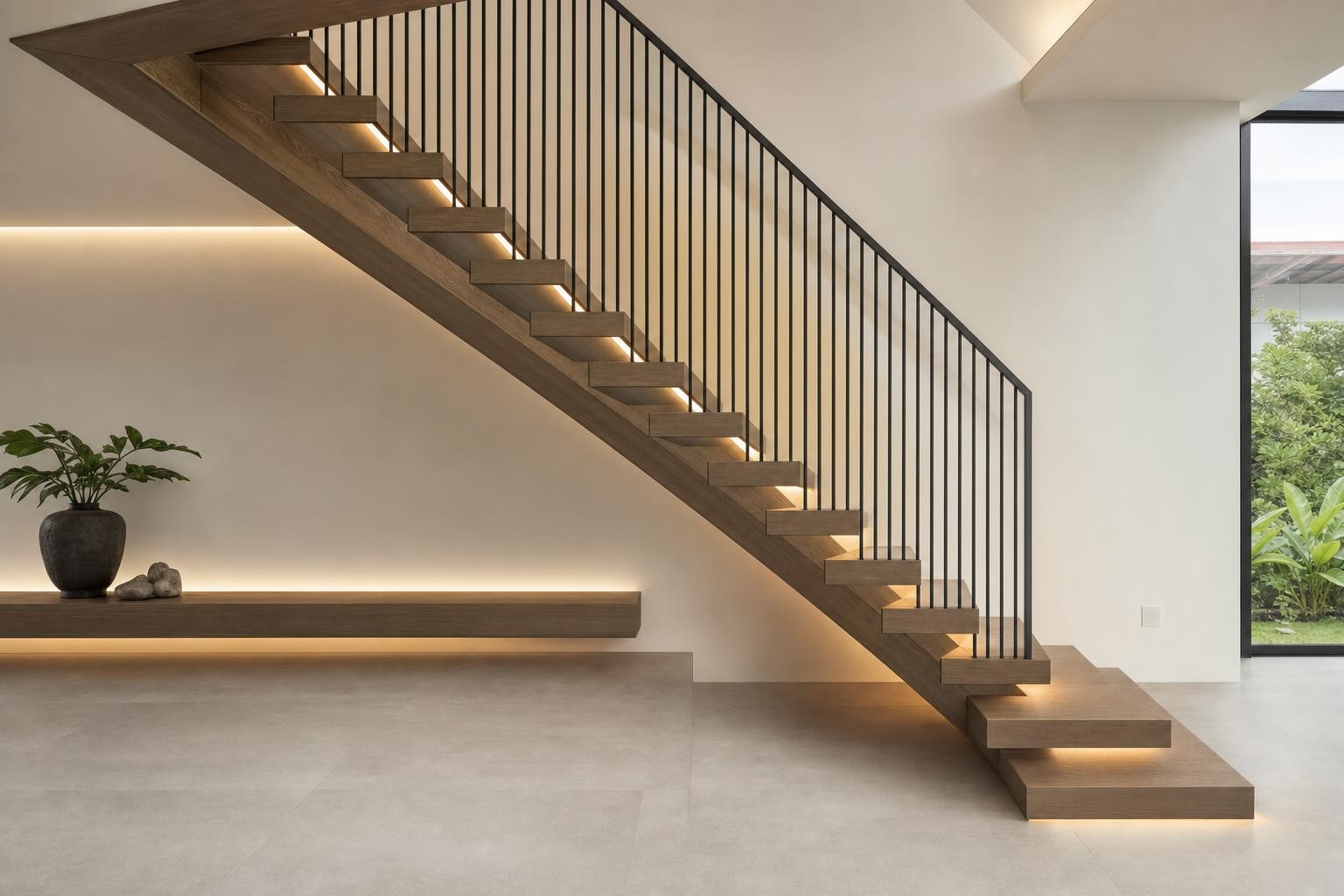 Simple Modern Minimalist · Staircase · cantilevered stair with black rod balustrade