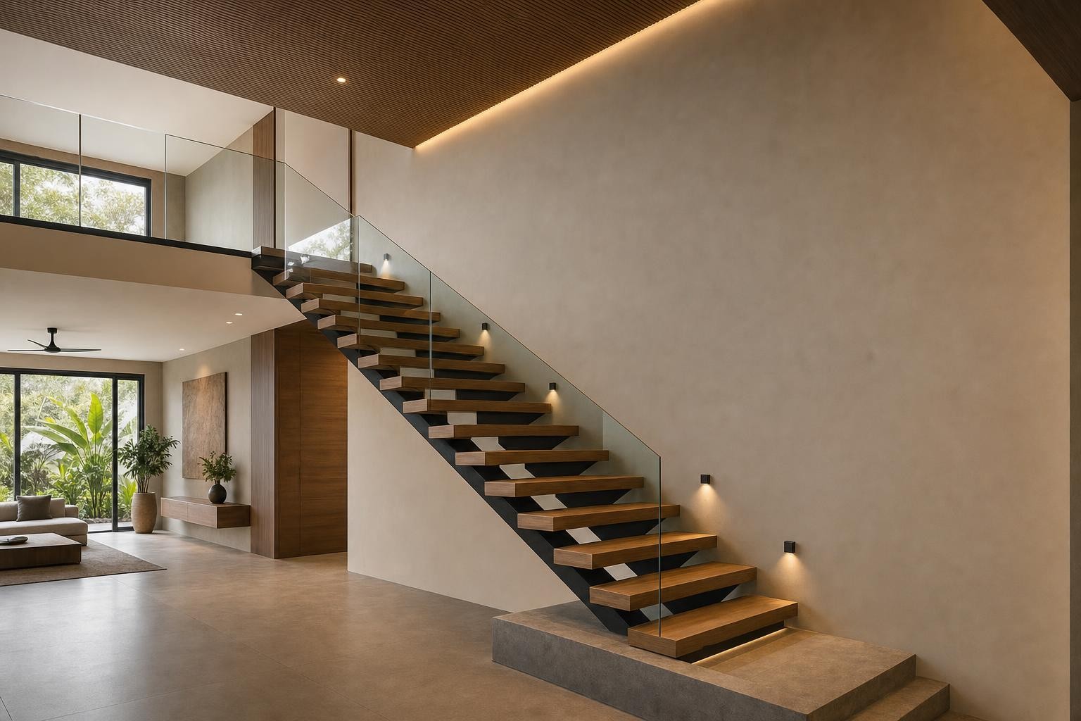 Warm Wood Modern · Staircase · cantilevered floating-tread stair, glass balustrade