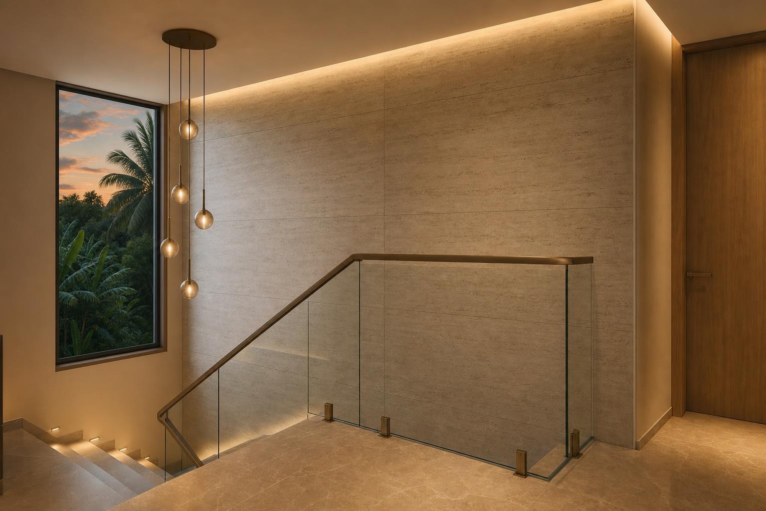 Cream Luxury · Staircase landing · landing against travertine stone wall, glass balustrade