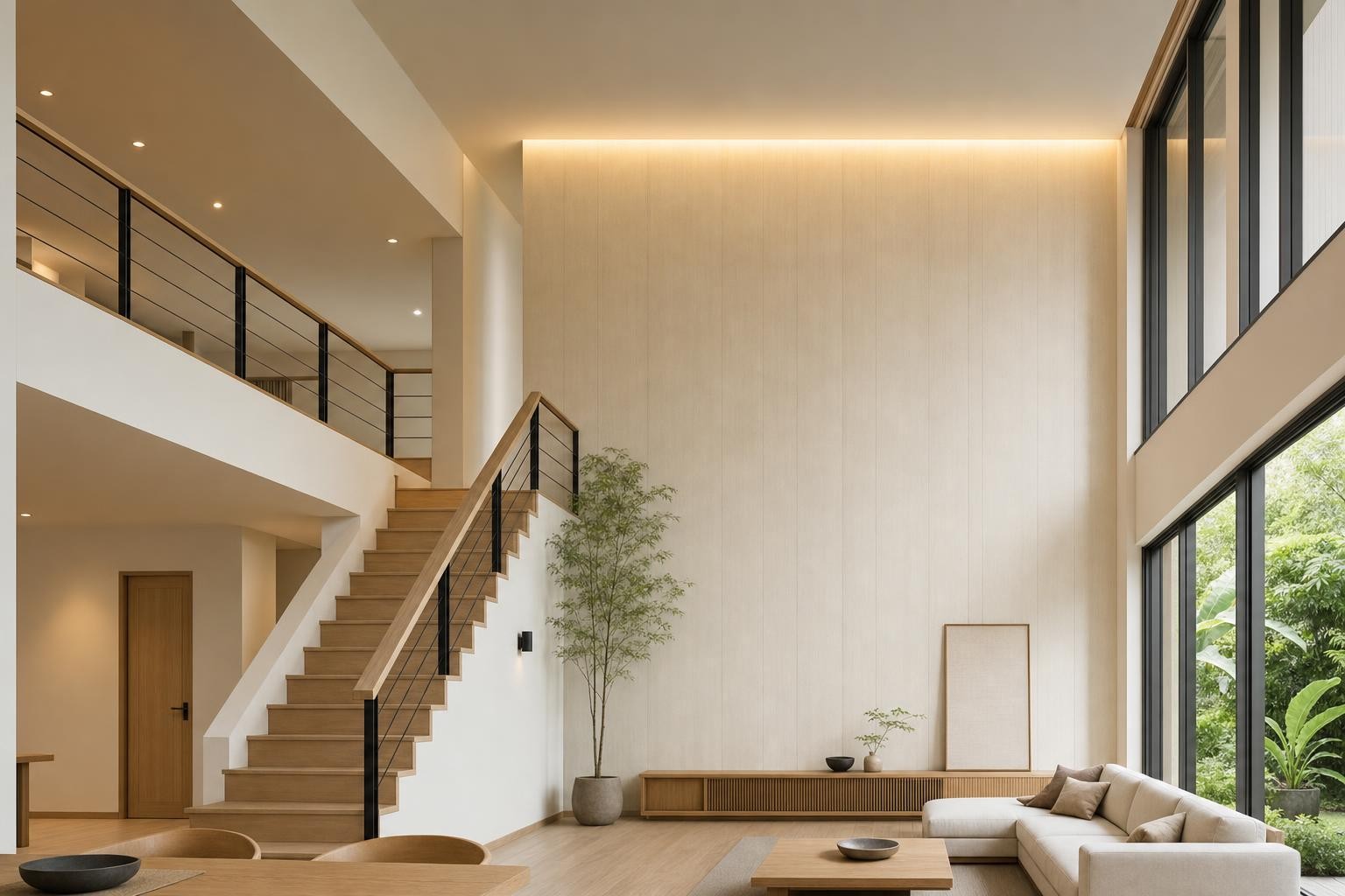 Muji Japandi · Staircase landing · empty double-height stair hall, no fixture