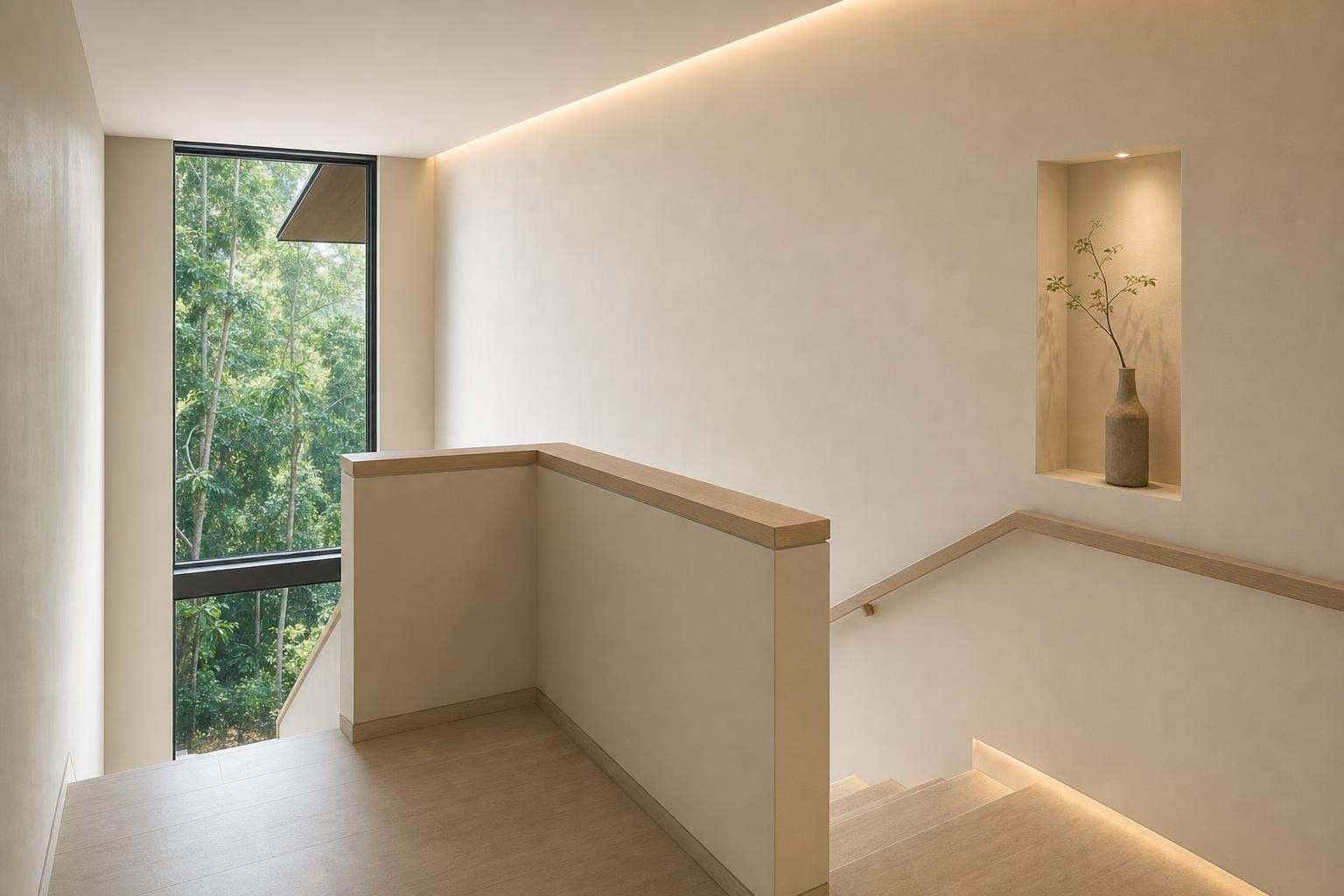 Muji Japandi · Staircase landing · minimal landing, plain plaster walls, lit niche