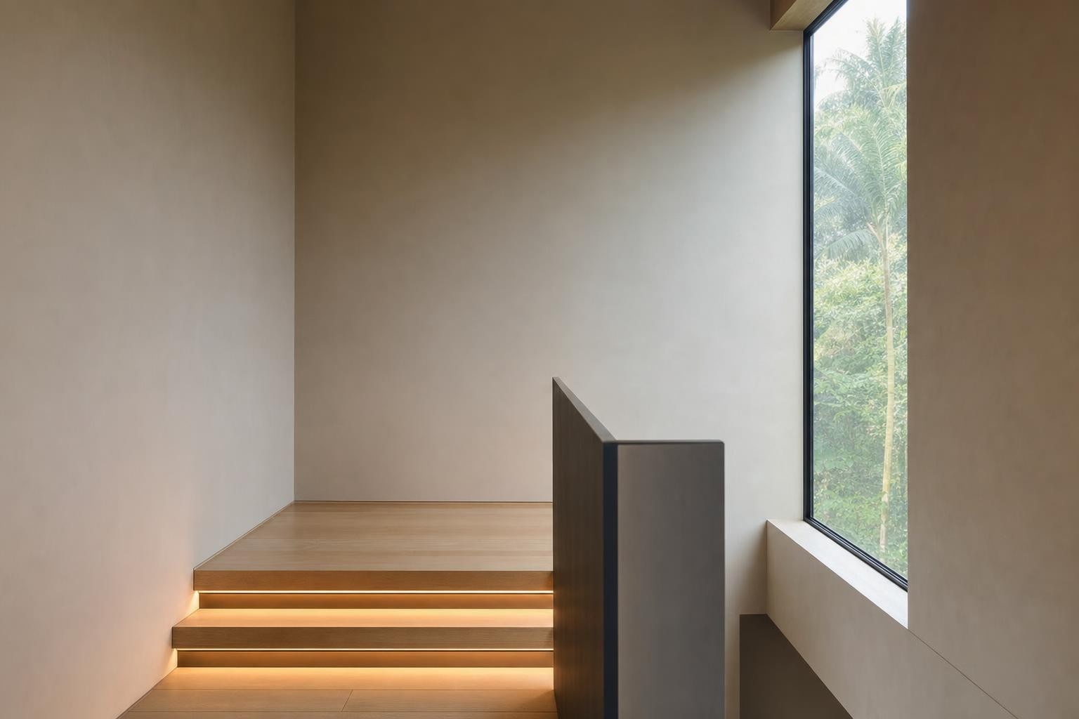 Muji Japandi · Staircase landing · bare landing with lit timber steps, plain walls