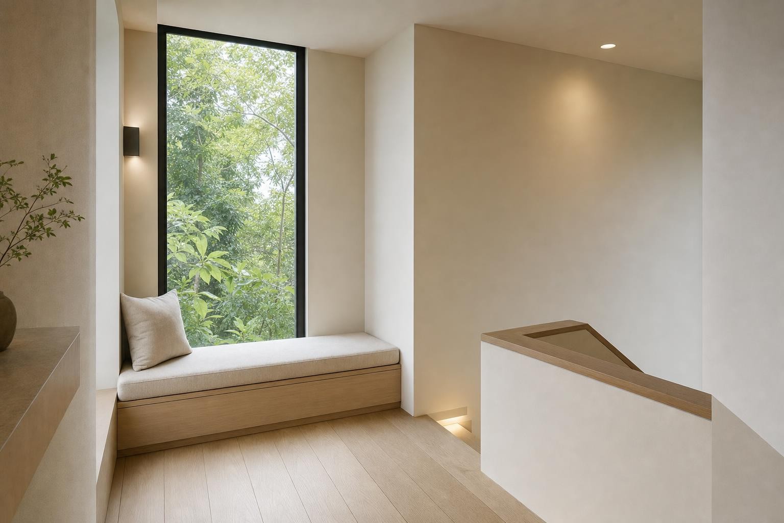 Muji Japandi · Staircase landing · landing with window-seat bench nook