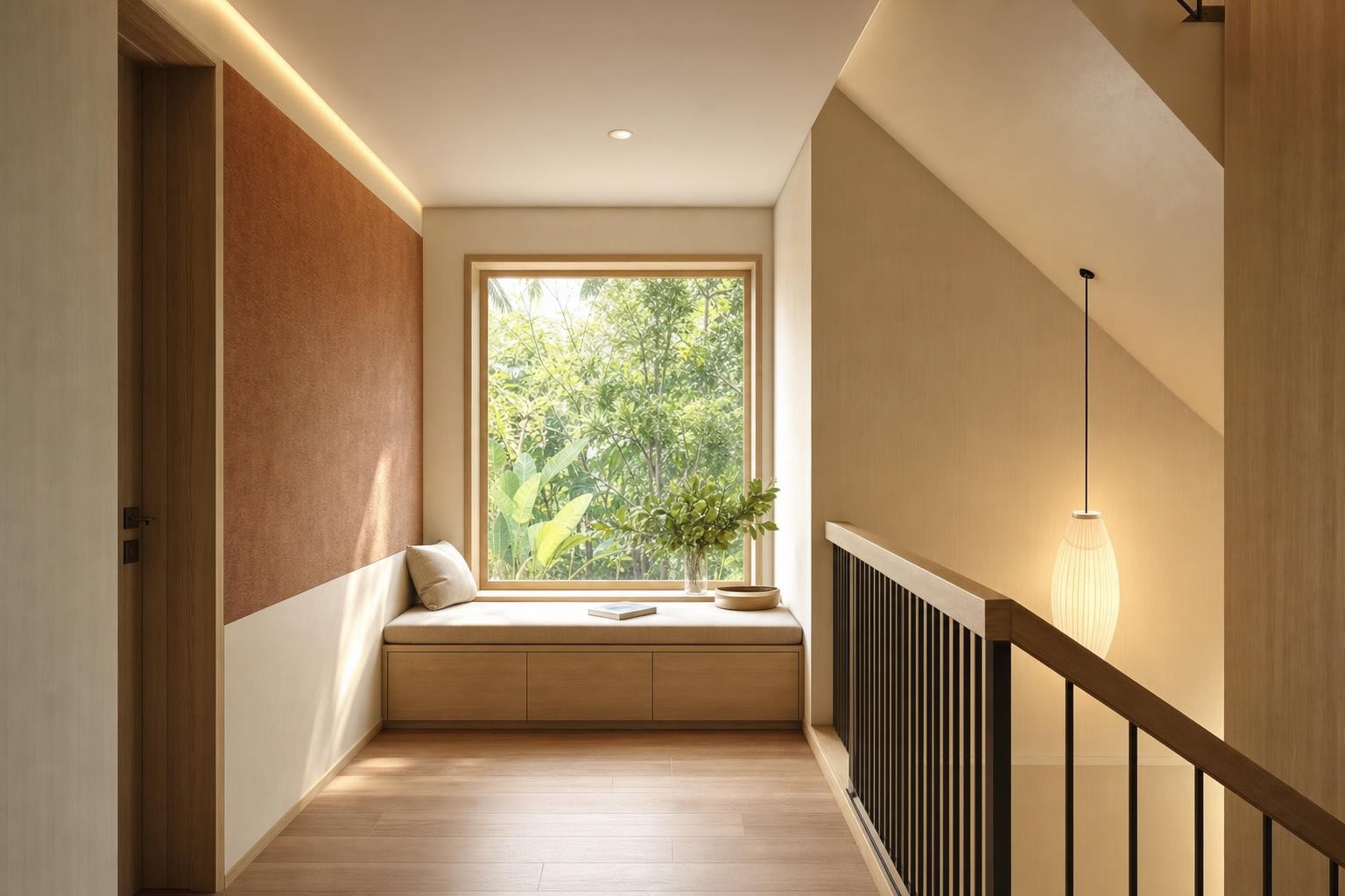 Muji Japandi · Staircase landing · built-in window-seat nook beside balustrade