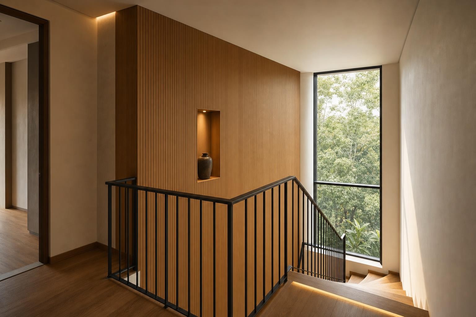 Warm Wood Modern · Staircase landing · landing against full-height battened timber wall