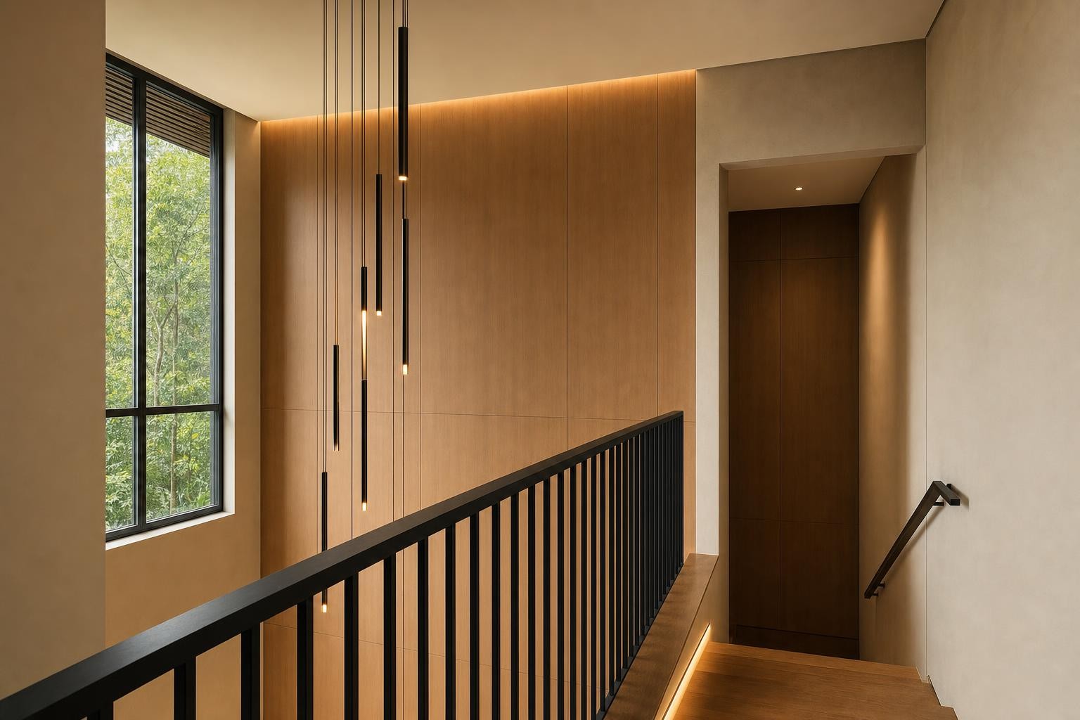 Warm Wood Modern · Staircase landing · landing beside flush timber panel wall with drop pendants