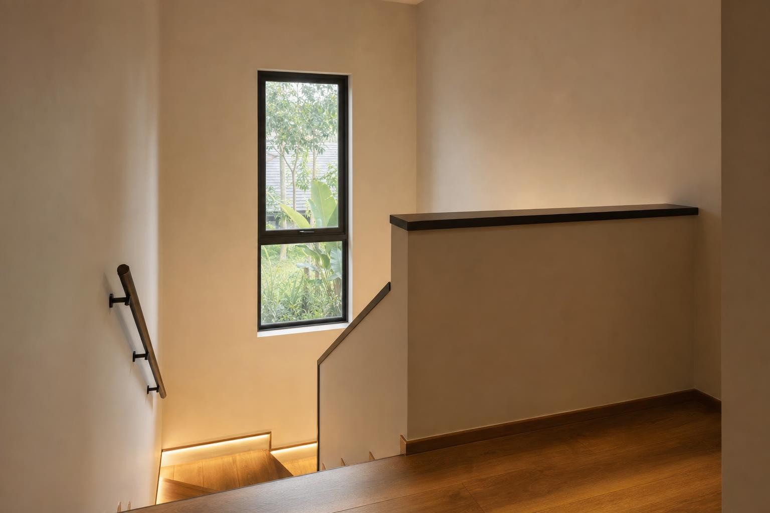 Warm Wood Modern · Staircase landing · plain plaster landing with dark capped parapet