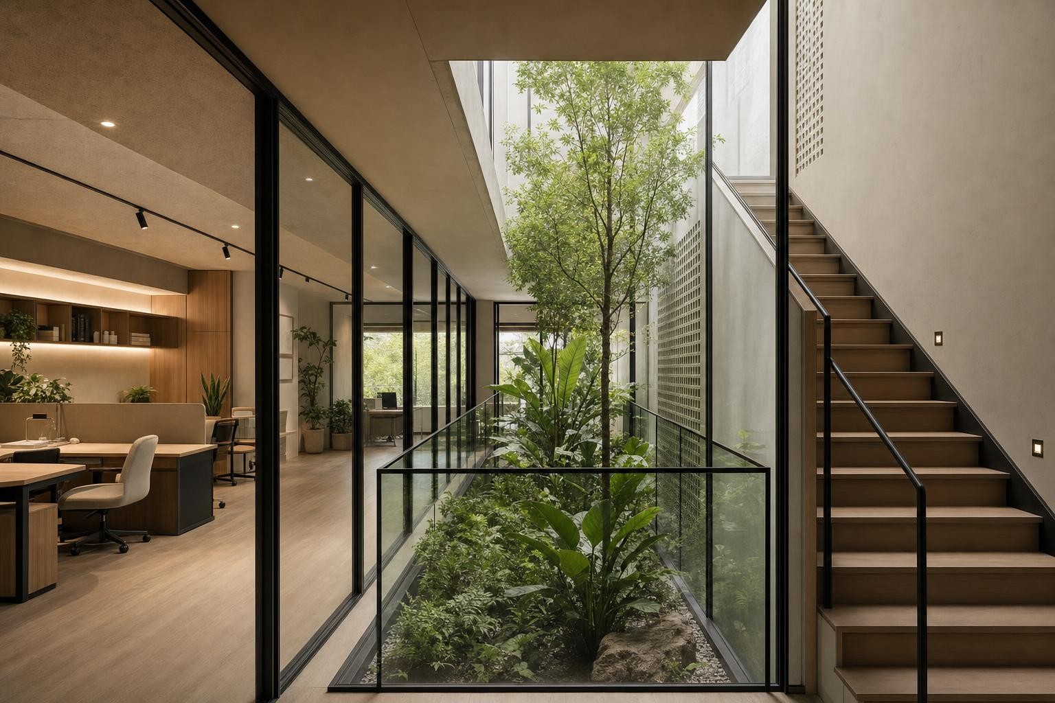 staircase and circulation — white oak / warm scheme