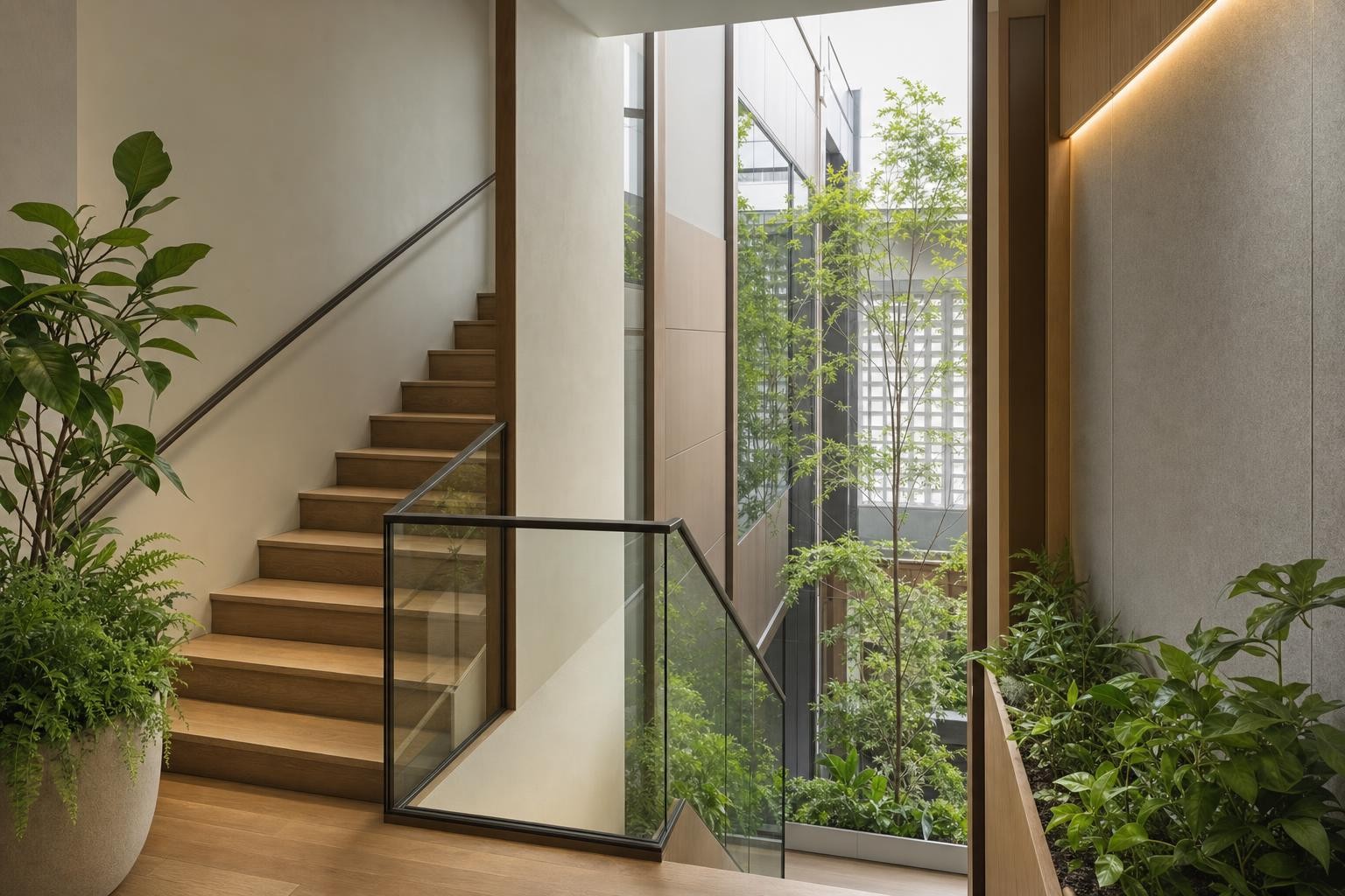 staircase and circulation — white oak / warm scheme