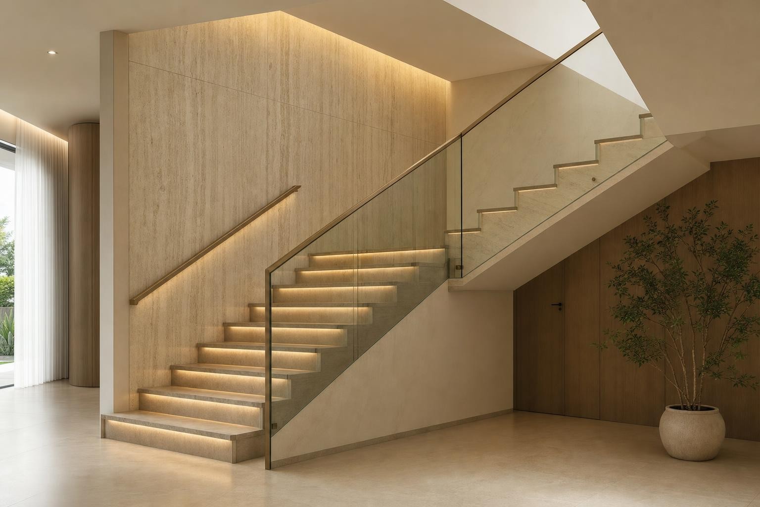 Cream Luxury · Staircase · single under-stair cupboard door, step-lit stair
