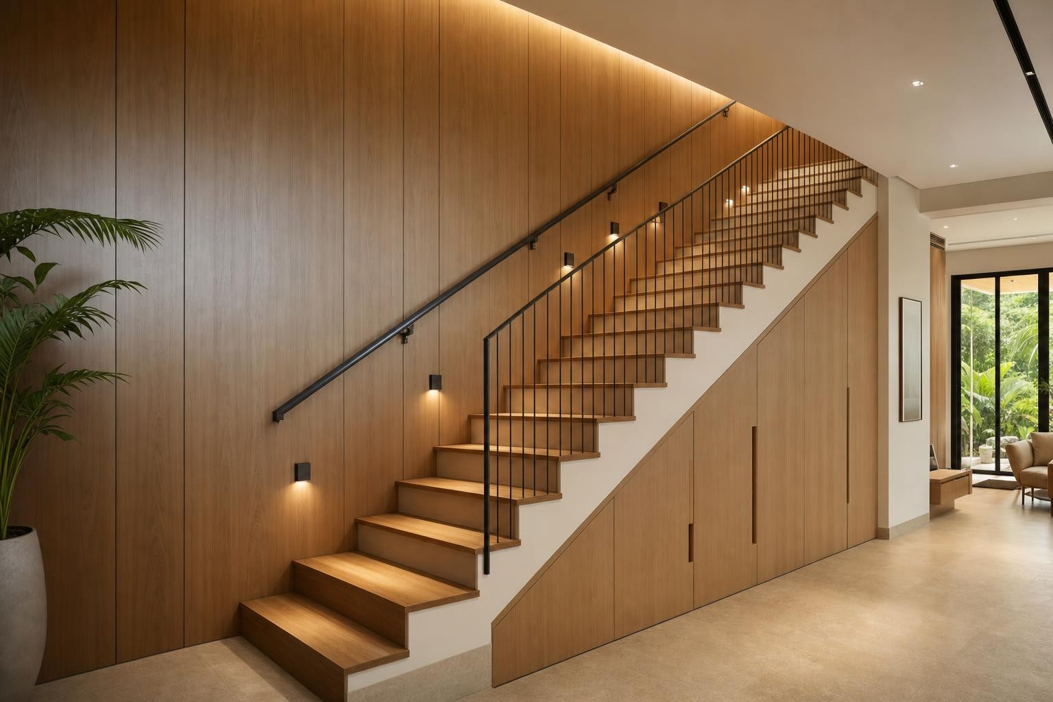 Warm Wood Modern · Staircase · full-run under-stair cabinetry below flight