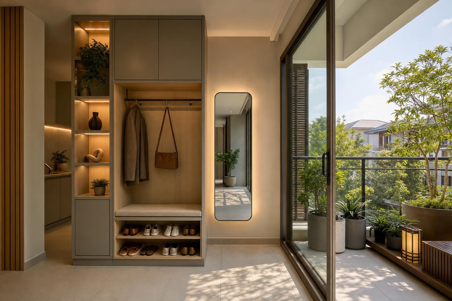 residential show-apartment entry foyer, balcony and outdoor edge — concept study