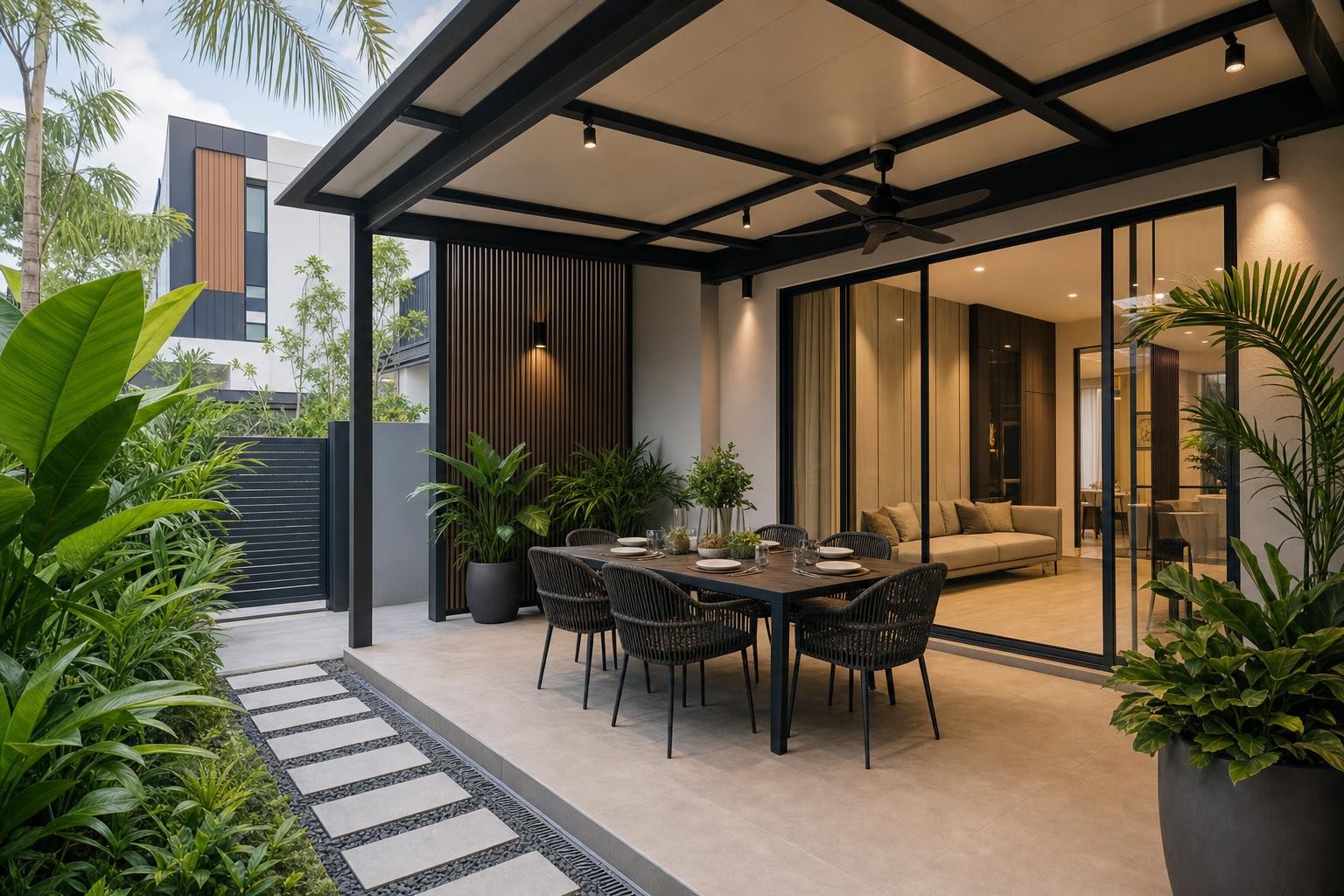 residential show-apartment entry foyer, balcony and outdoor edge — balcony / terrace dining