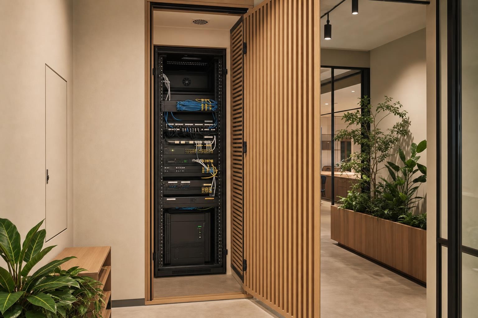 back-of-house services — white oak / warm scheme