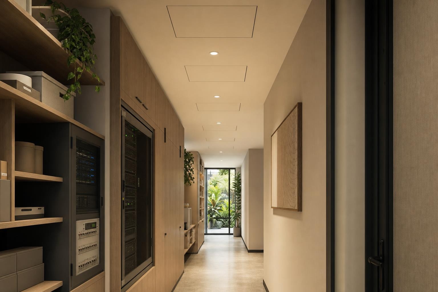 back-of-house services — white oak / warm scheme
