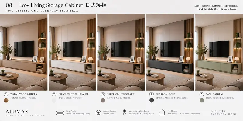 Low living storage cabinet · five finishes