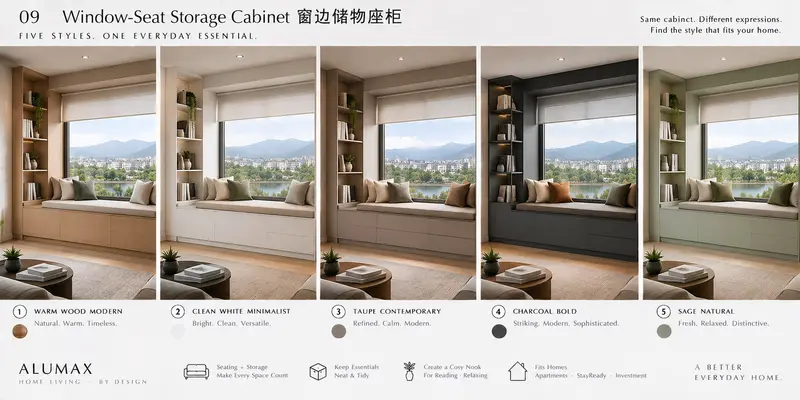 Window-seat storage cabinet · five finishes