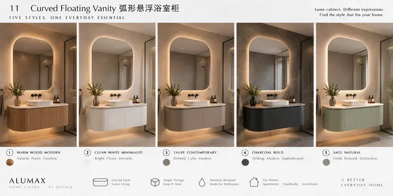 Curved floating vanity · five finishes