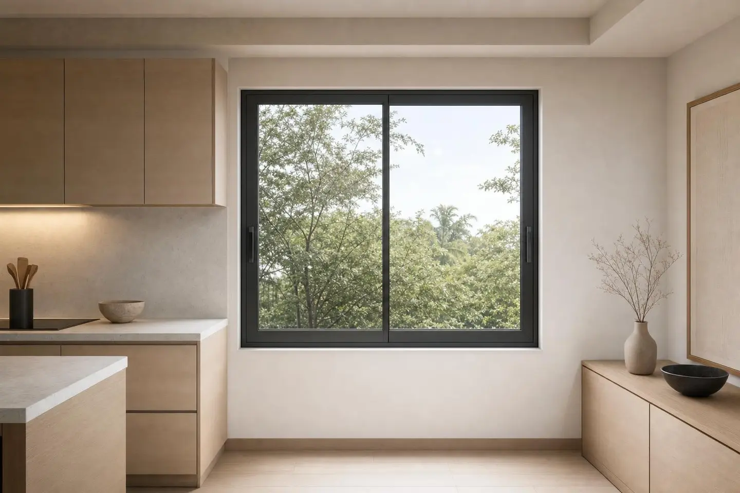 Sliding window design concept — Japandi style