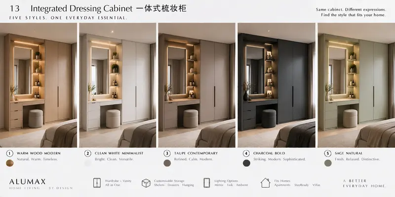 Integrated dressing cabinet · five finishes
