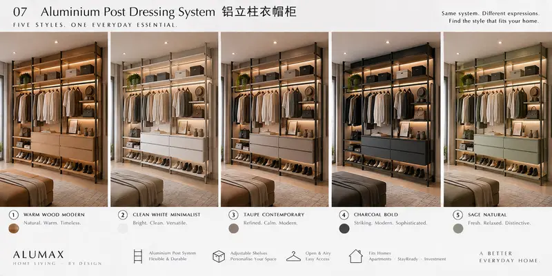 Aluminium post dressing system · five finishes