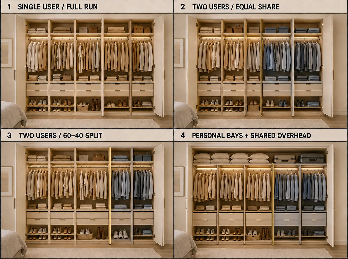 Wardrobe capacity allocation — design options shown side by side