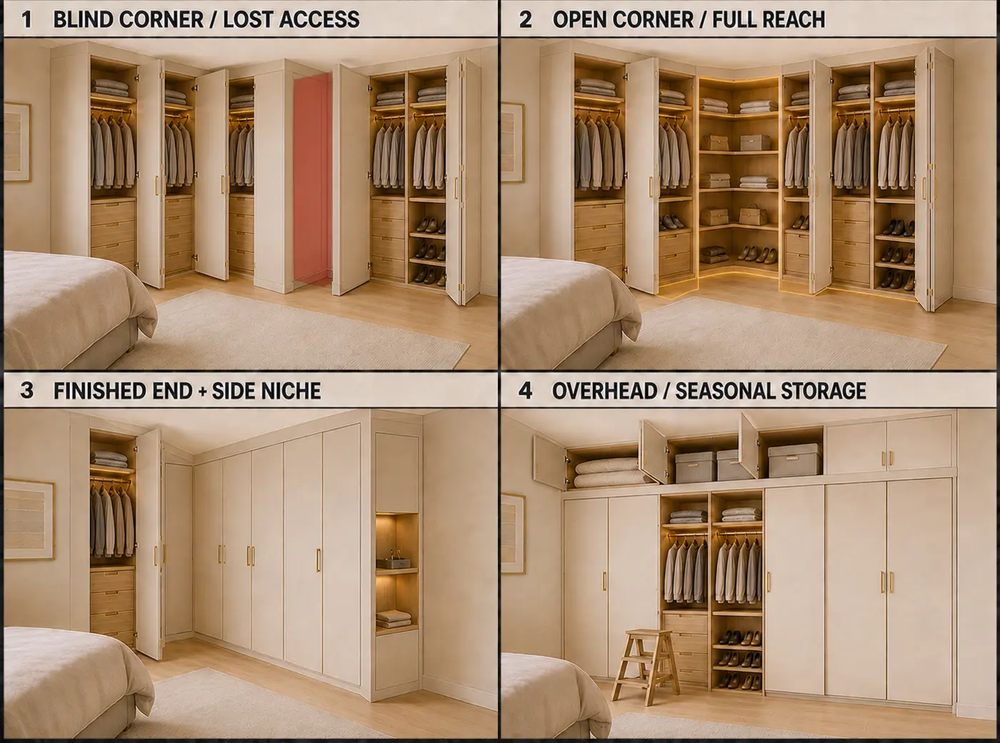 Wardrobe corners, ends and overheads — options compared side by side